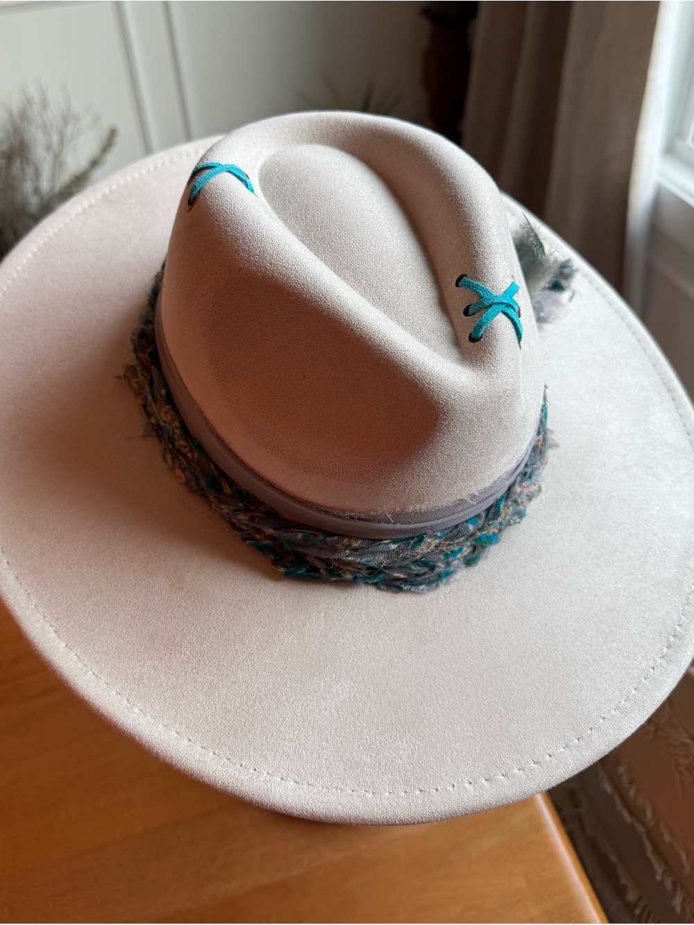 Hand Crafted Cream Vegan Suede Wide Brim Hat with Teal/Gray Accents - Picture 7 of 11
